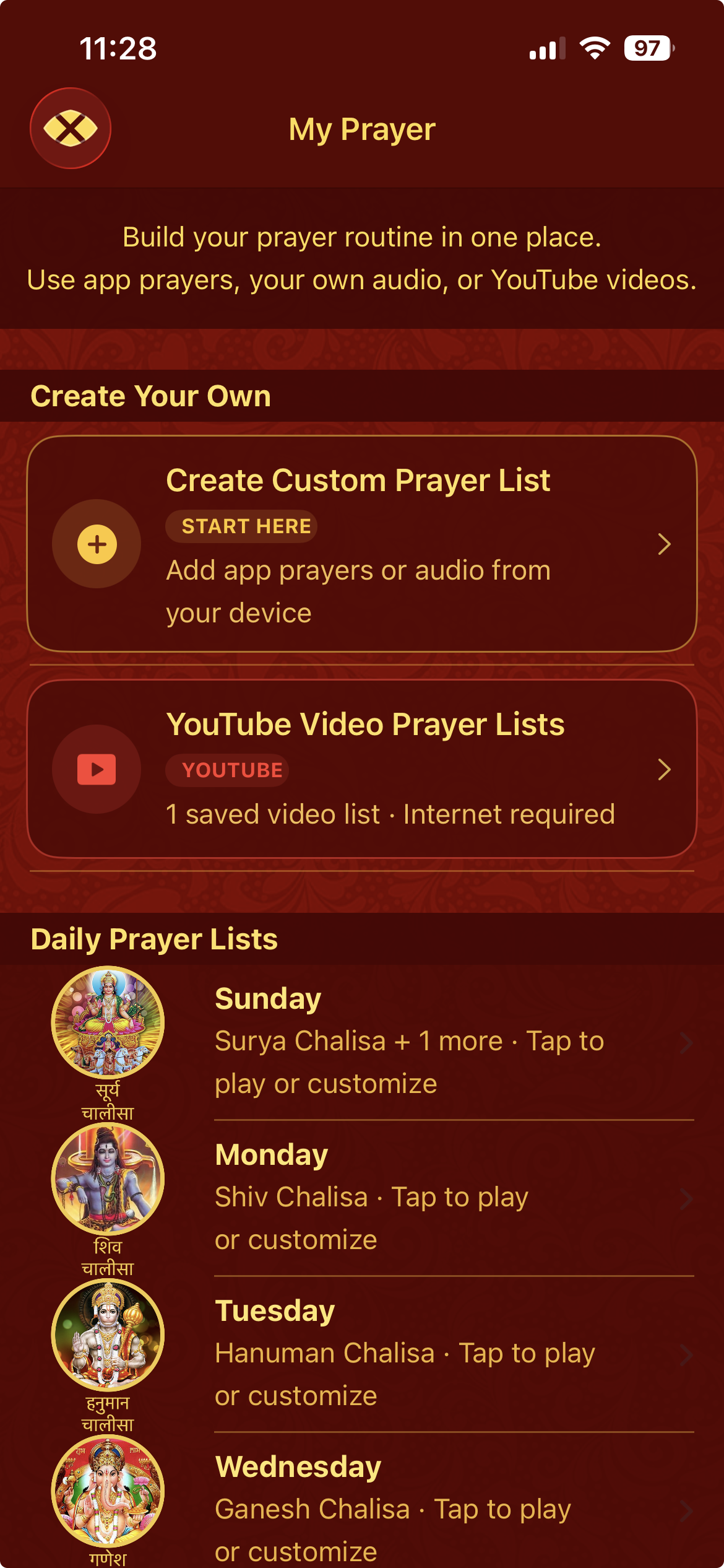 Actual My Prayer screen with daily and custom prayer lists