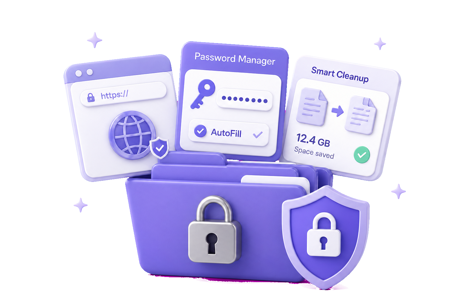 Private browser, password AutoFill and Smart Cleanup illustration