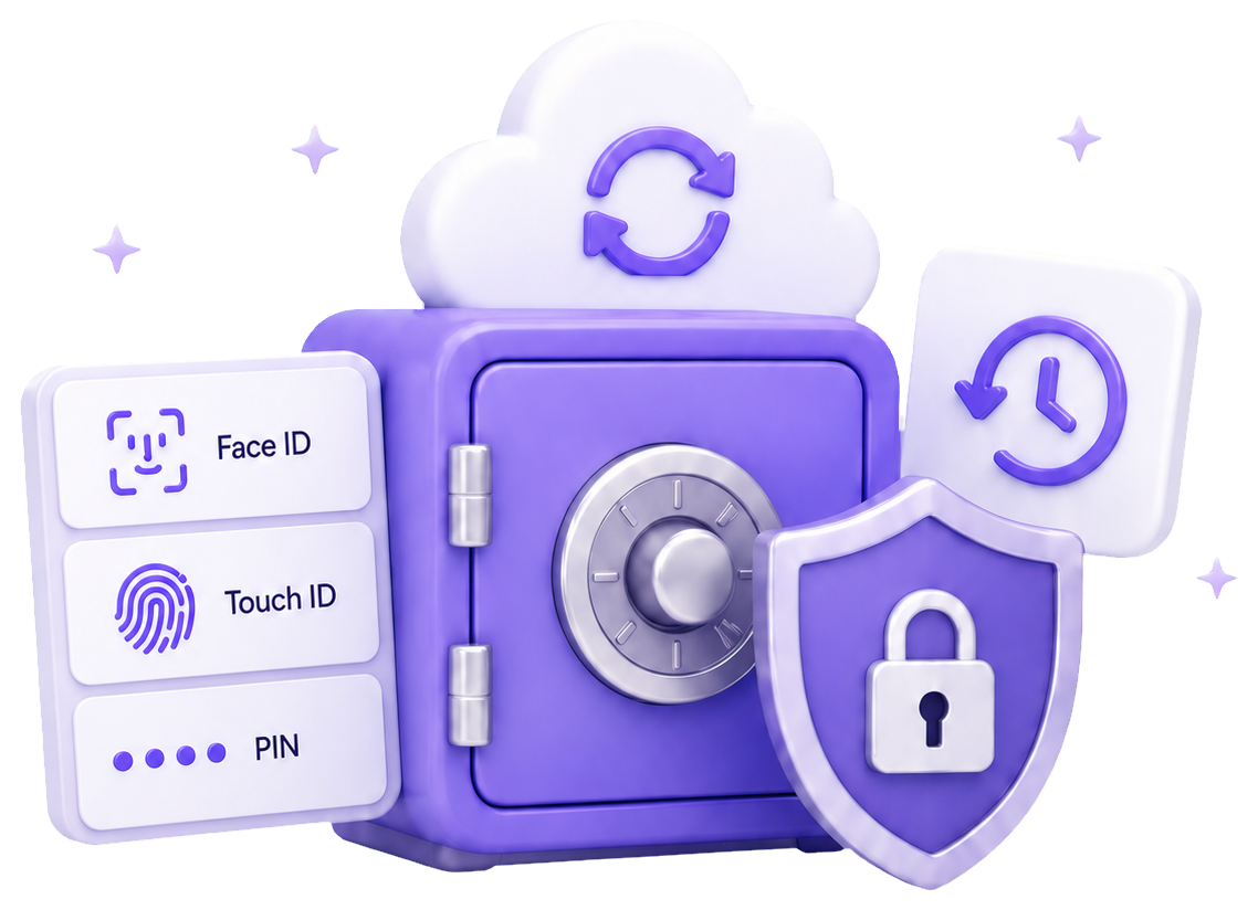 Face ID, Touch ID, PIN, cloud sync and protected vault illustration
