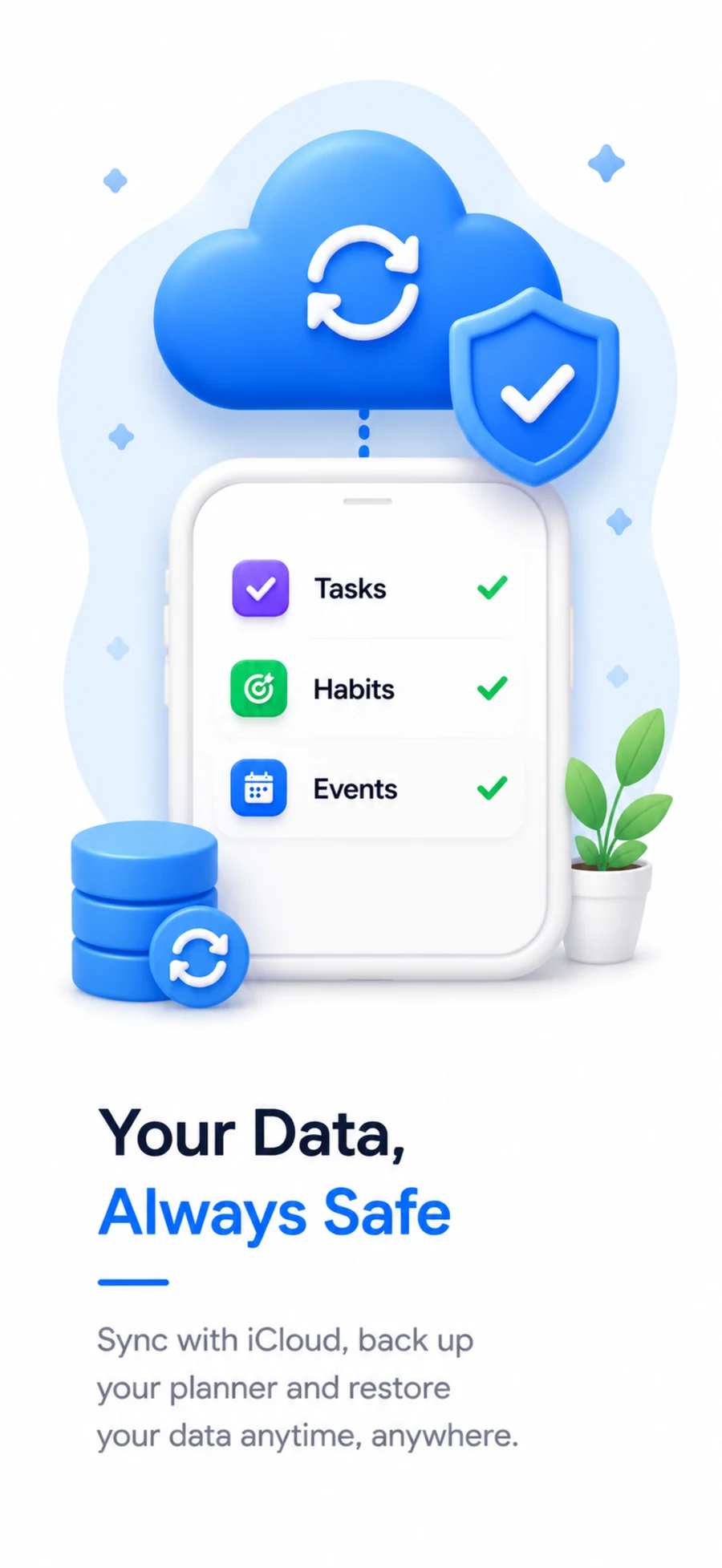 My Day Settings screen with reminders toggles and iCloud sync status