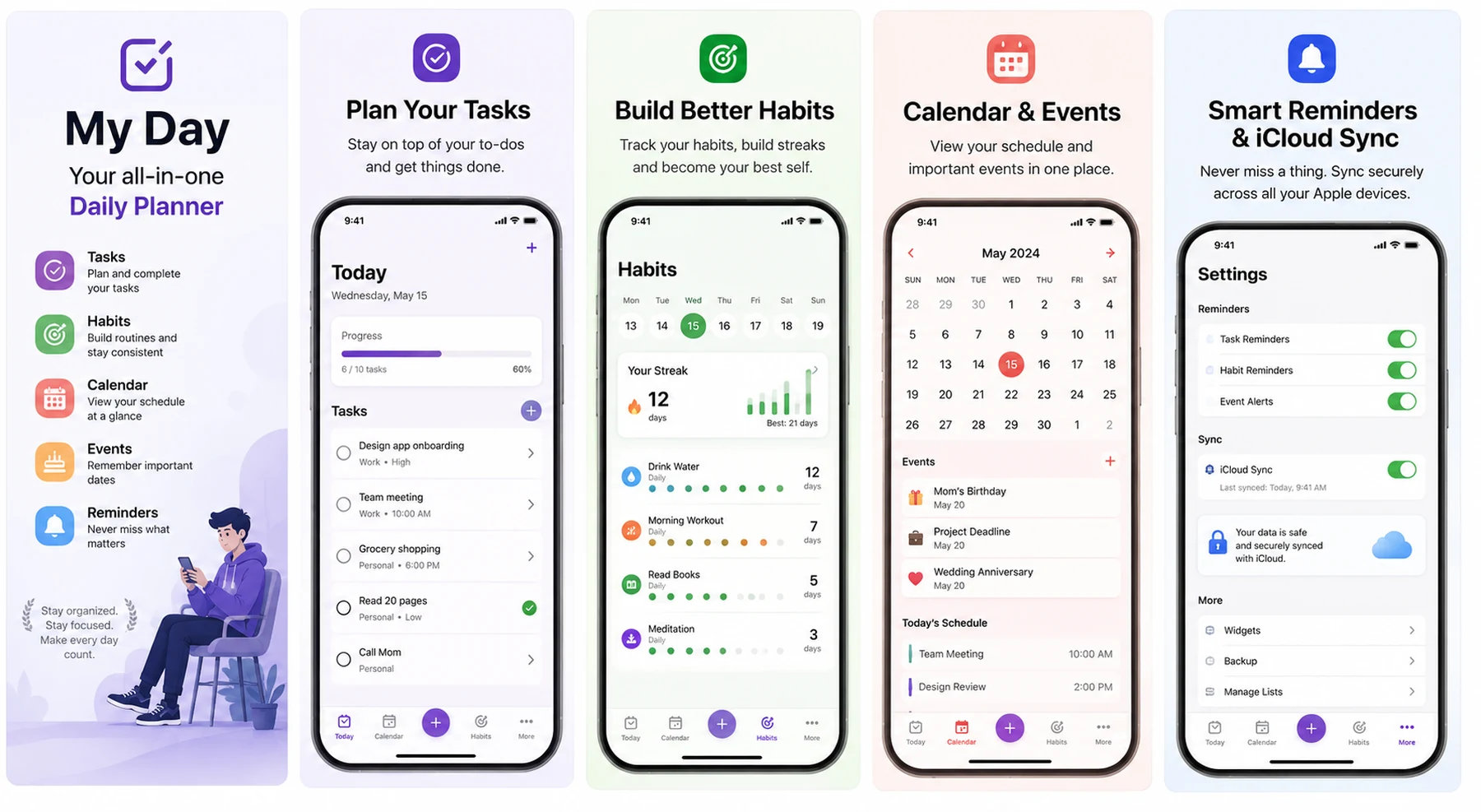 My Day app screenshots gallery: Tasks, Habits, Calendar and Events, and Settings