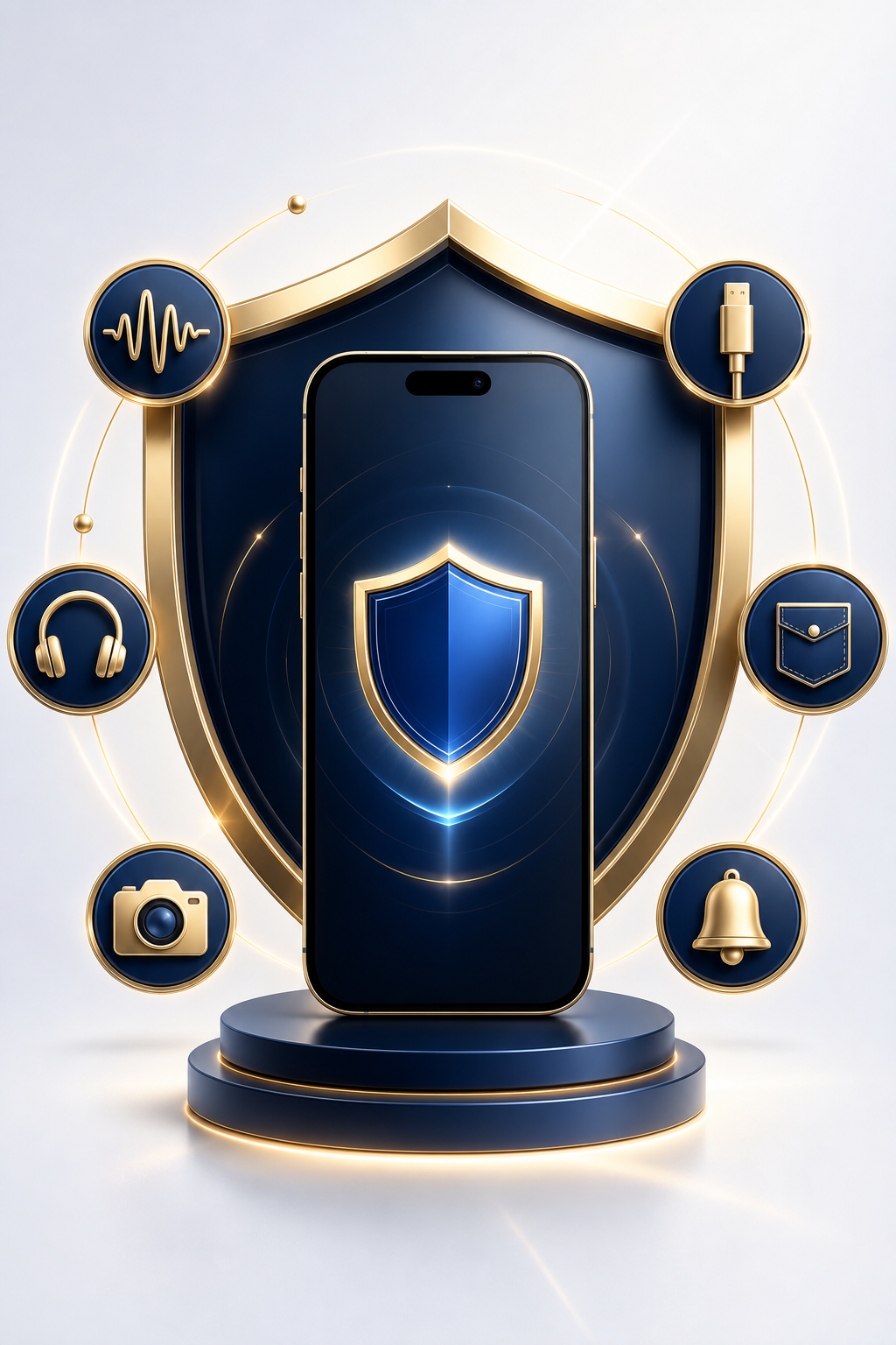 An iPhone protected by a shield with motion, charging, audio, pocket, camera, and alarm symbols